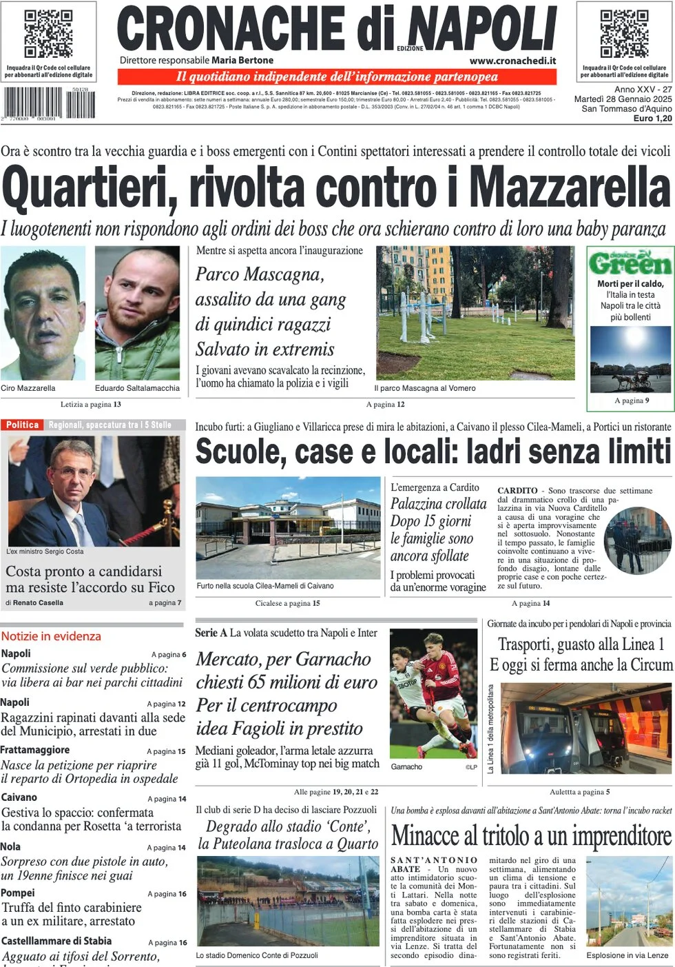 anteprima della prima pagina di cronache-di-napoli del 28/01/2025