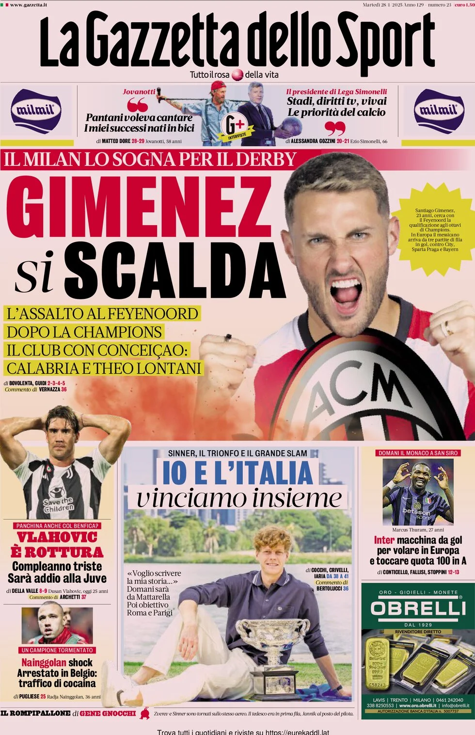 anteprima della prima pagina di la-gazzetta-dello-sport del 28/01/2025