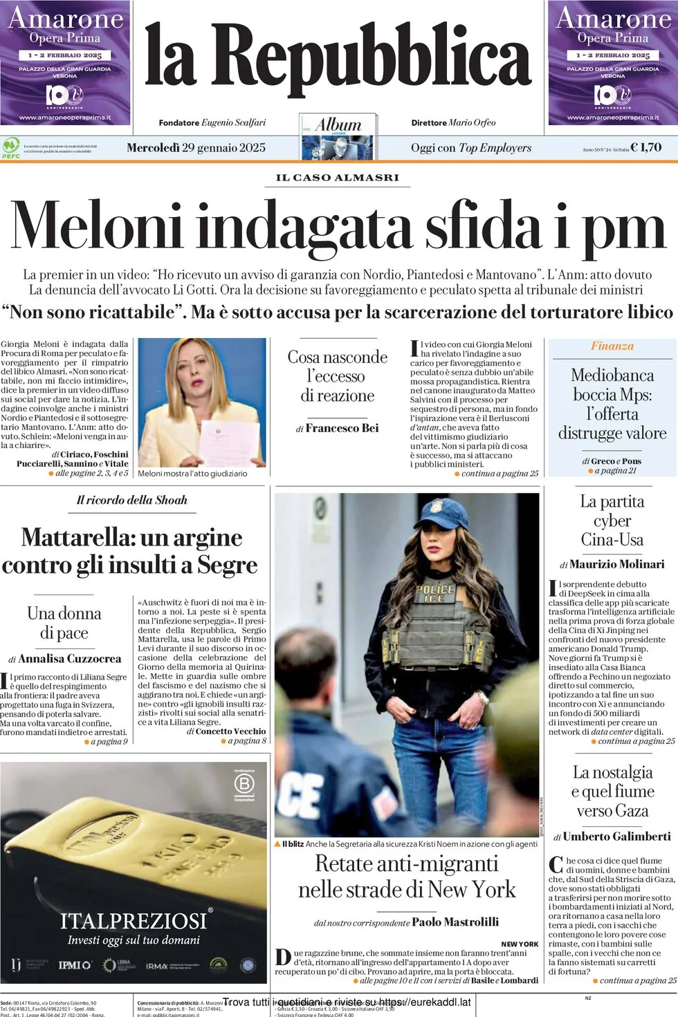 anteprima della prima pagina di la-repubblica del 29/01/2025
