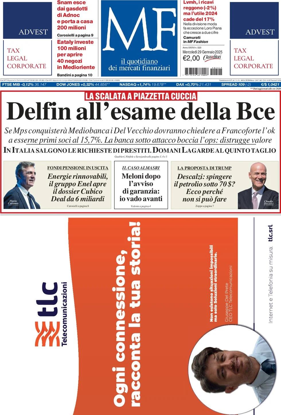 anteprima della prima pagina di mf-milano-finanza del 29/01/2025