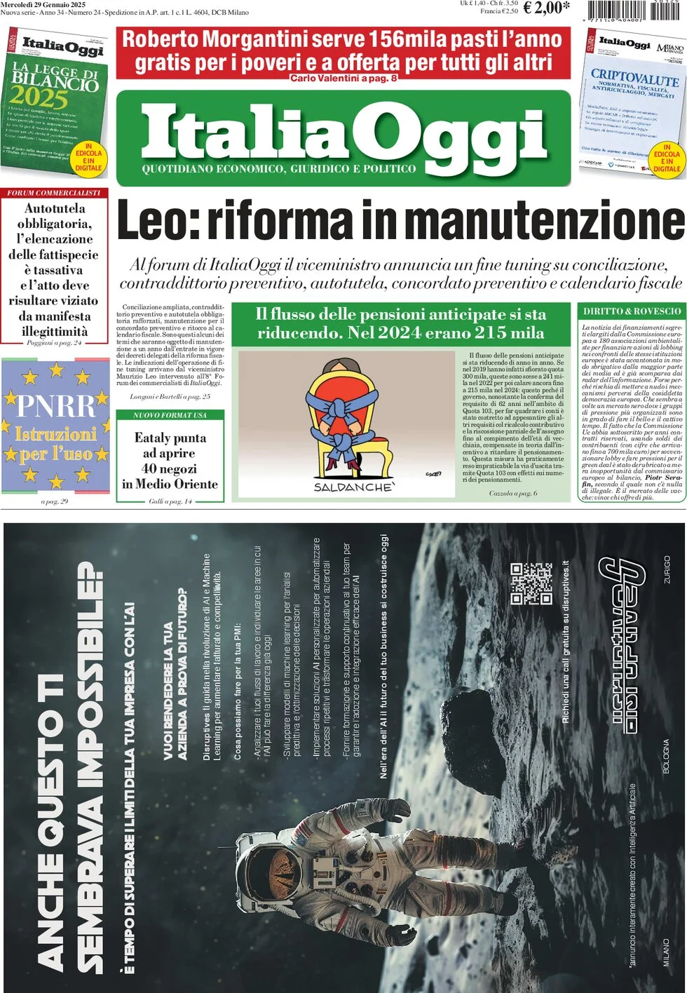 anteprima della prima pagina di italiaoggi del 29/01/2025