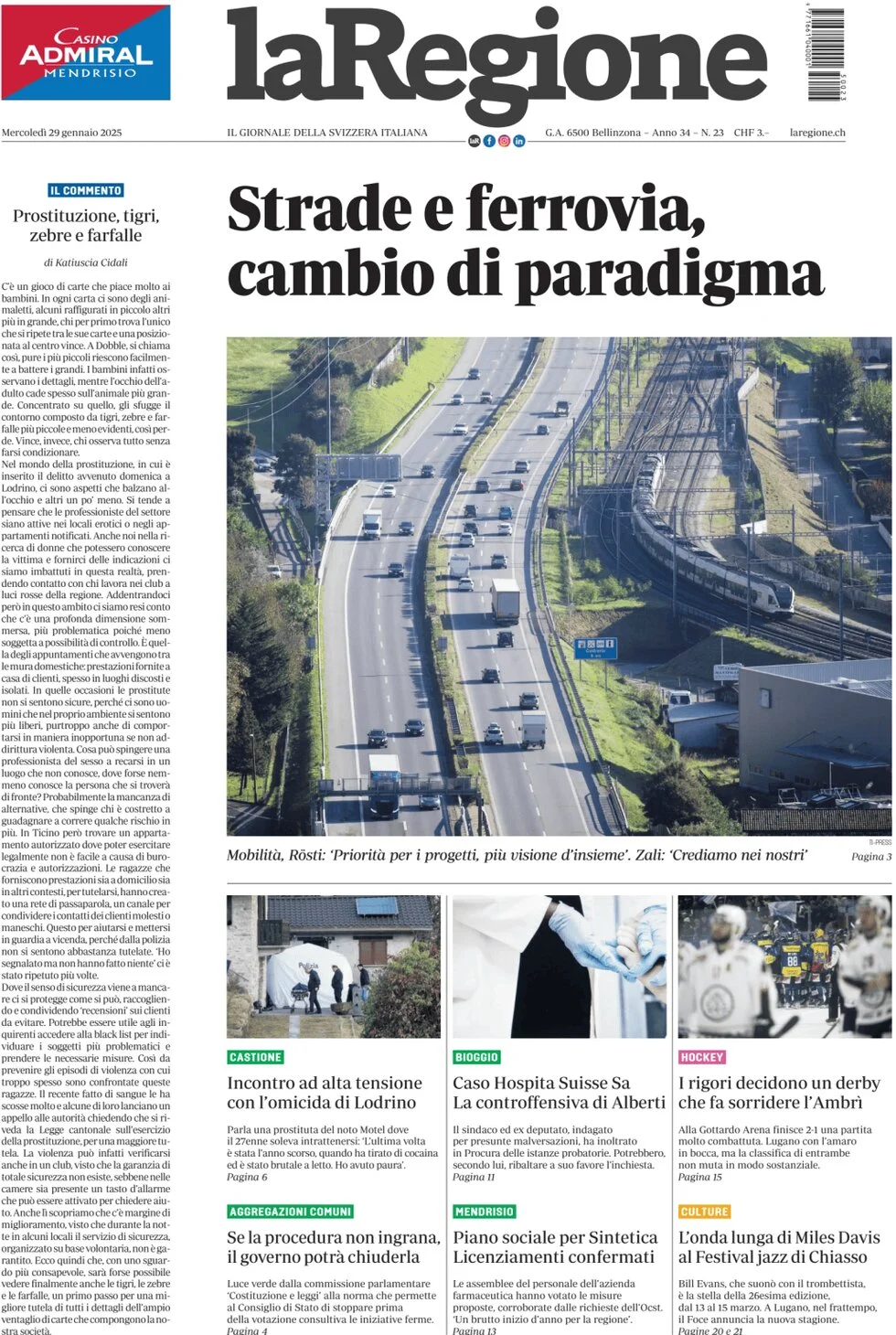 anteprima della prima pagina di la-regione del 29/01/2025