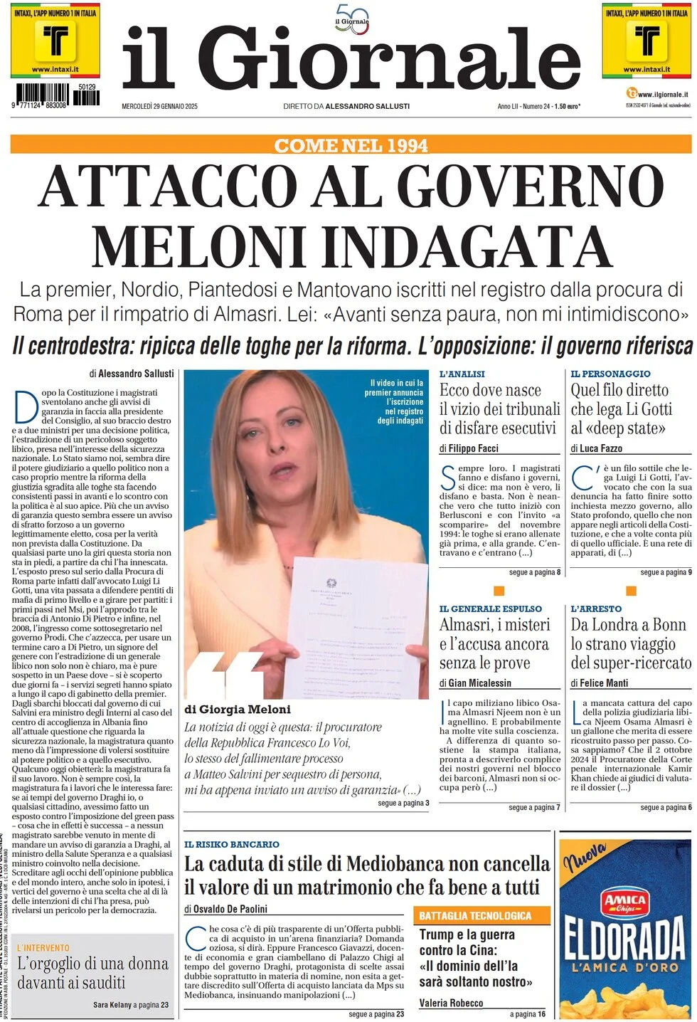 anteprima della prima pagina di il-giornale del 29/01/2025