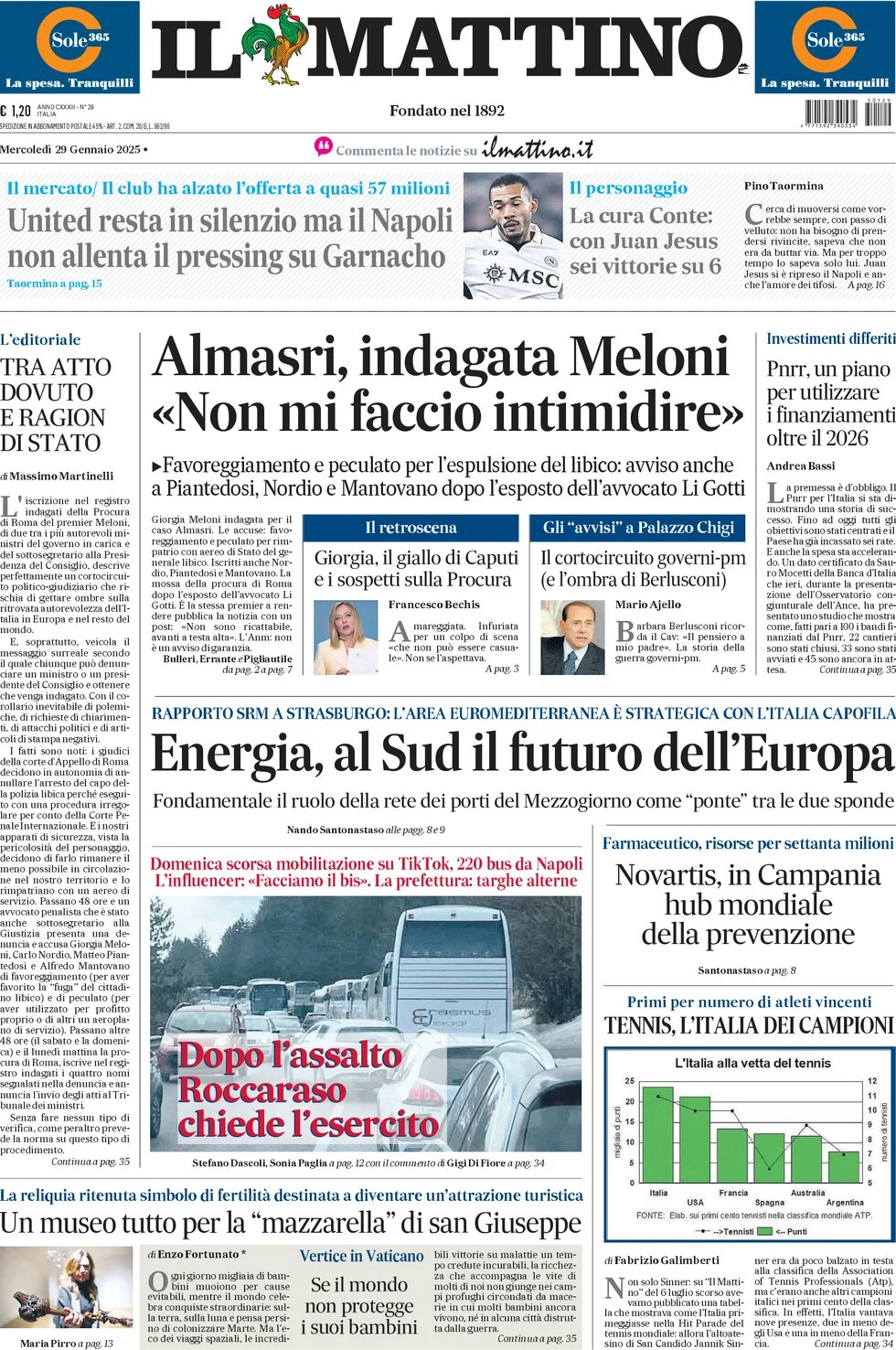 anteprima della prima pagina di il-mattino del 29/01/2025