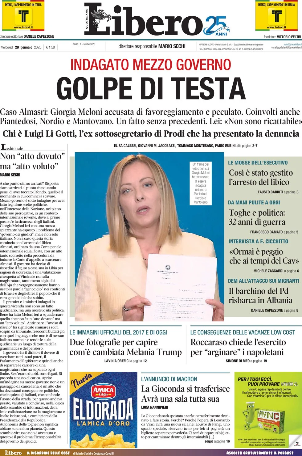 anteprima della prima pagina di libero-quotidiano del 29/01/2025
