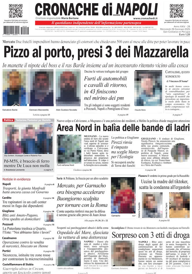 anteprima della prima pagina di cronache-di-napoli del 29/01/2025