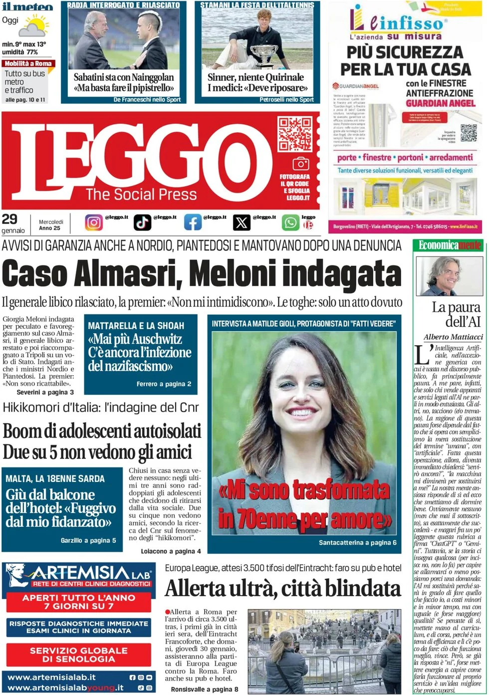 anteprima della prima pagina di leggo-roma del 29/01/2025