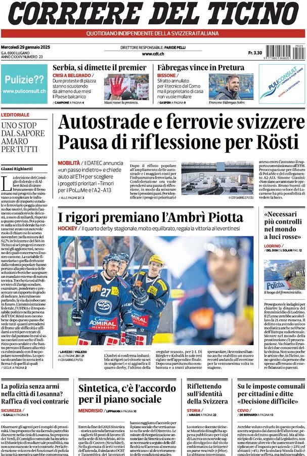 anteprima della prima pagina di corriere-del-ticino del 29/01/2025