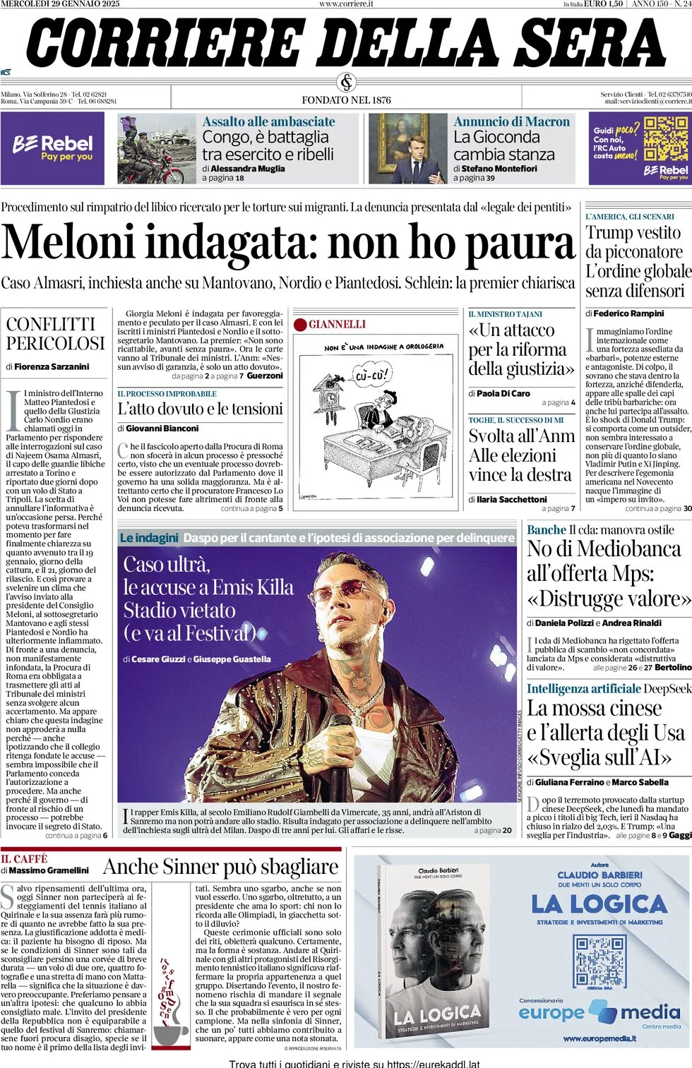 anteprima della prima pagina di corriere-della-sera del 29/01/2025
