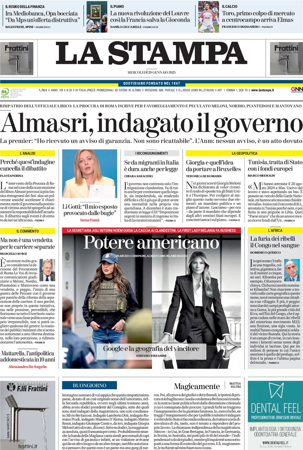 anteprima della prima pagina di la-stampa del 29/01/2025