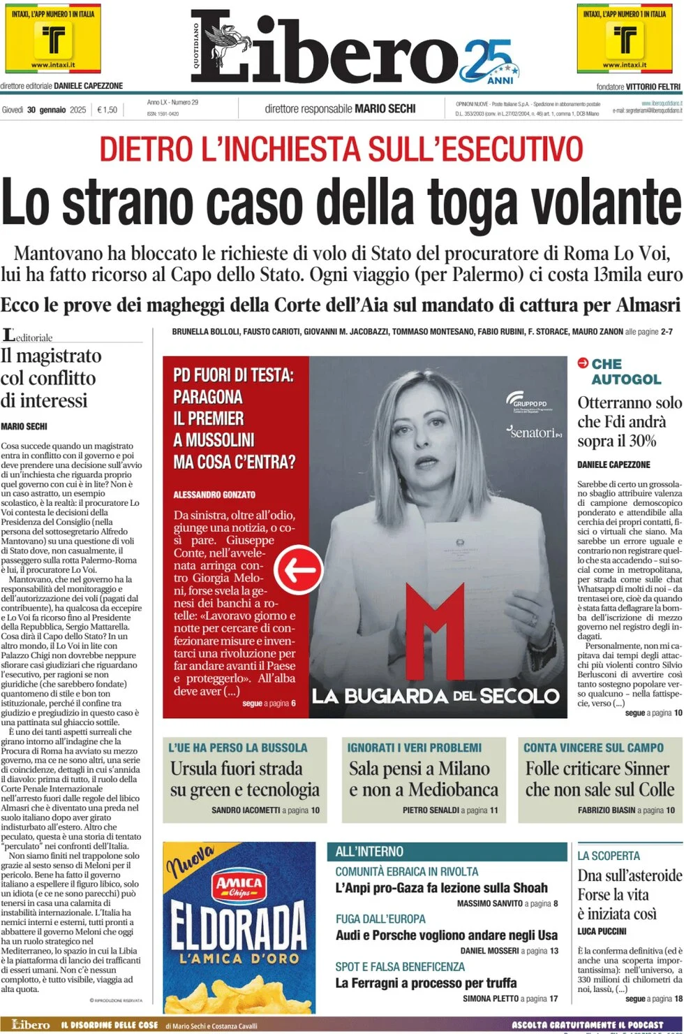 anteprima della prima pagina di libero-quotidiano del 30/01/2025