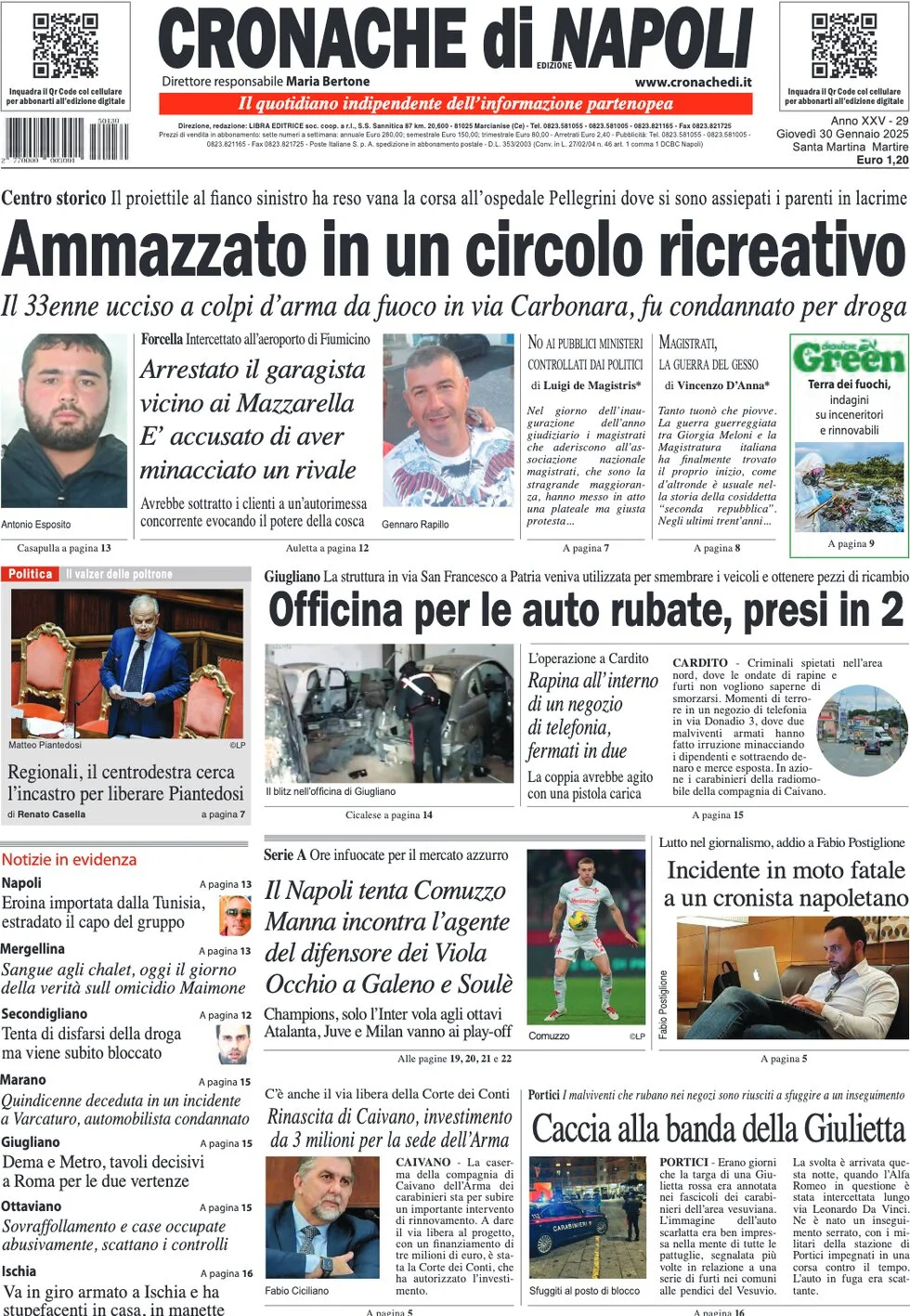 anteprima della prima pagina di cronache-di-napoli del 30/01/2025