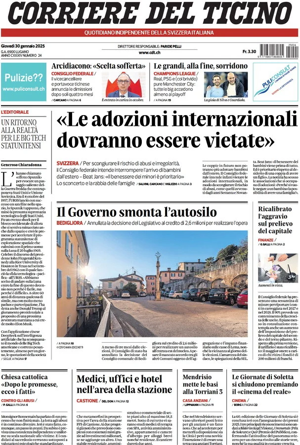 anteprima della prima pagina di corriere-del-ticino del 30/01/2025