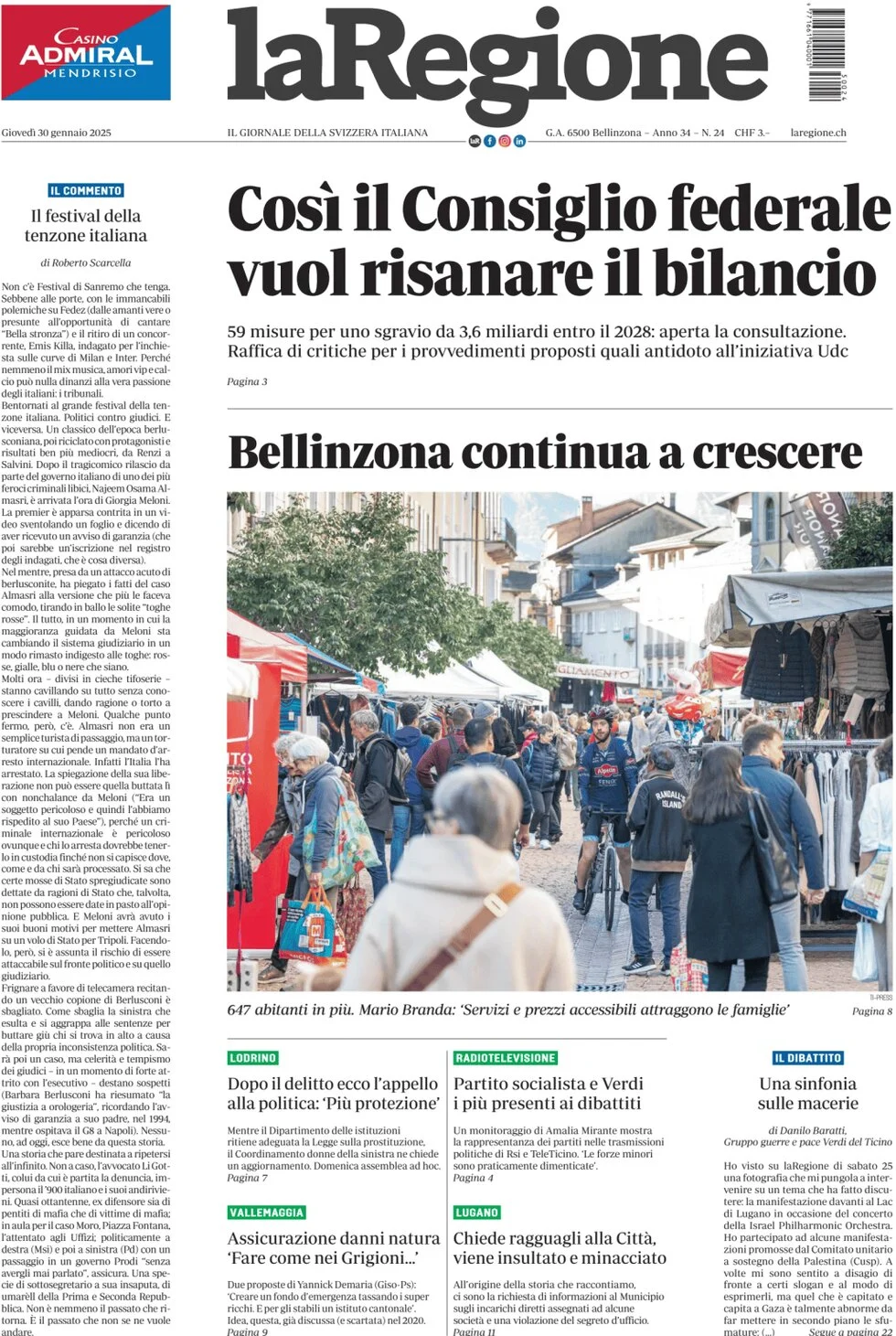 anteprima della prima pagina di la-regione del 30/01/2025