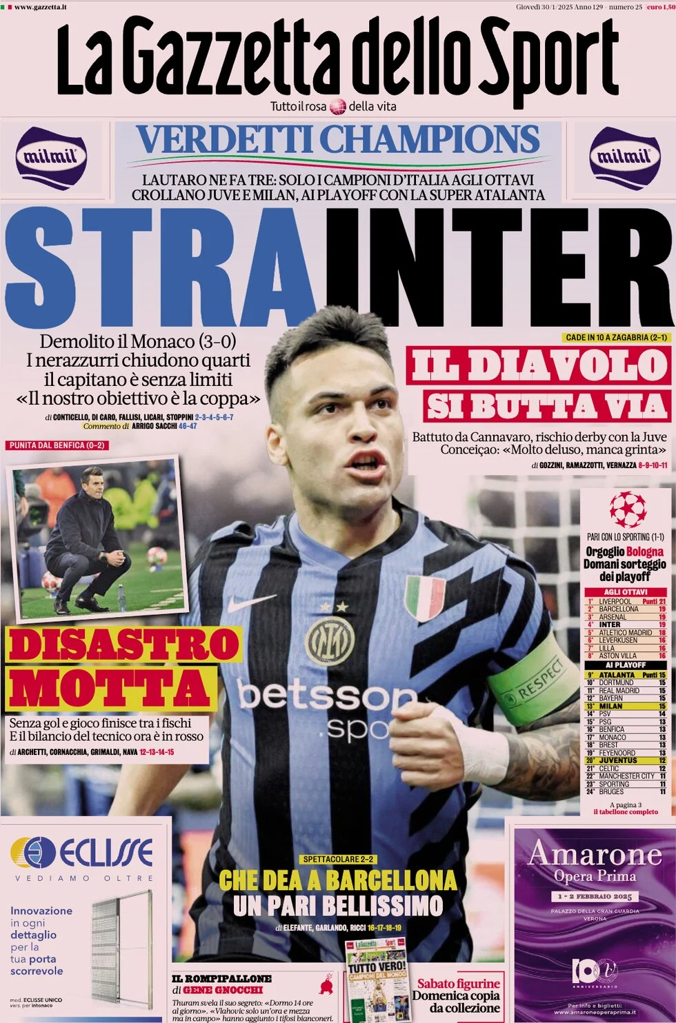 anteprima della prima pagina di la-gazzetta-dello-sport del 30/01/2025
