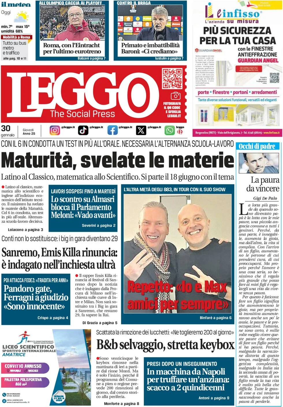 anteprima della prima pagina di leggo-roma del 30/01/2025