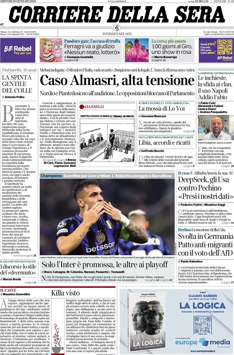 anteprima della prima pagina di corriere-della-sera del 30/01/2025
