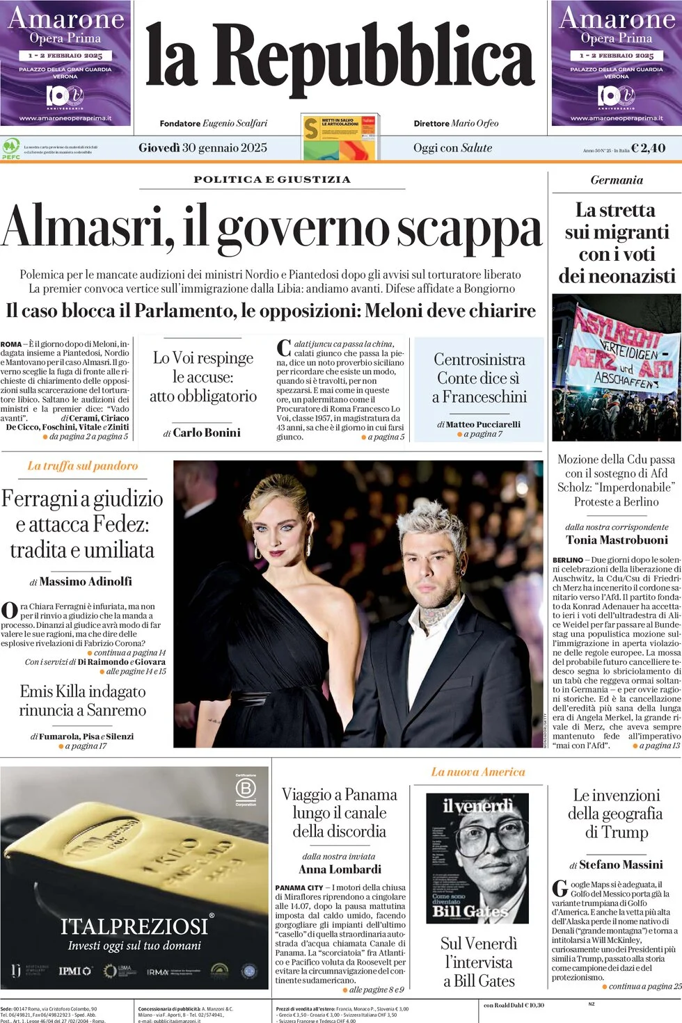 anteprima della prima pagina di la-repubblica del 30/01/2025