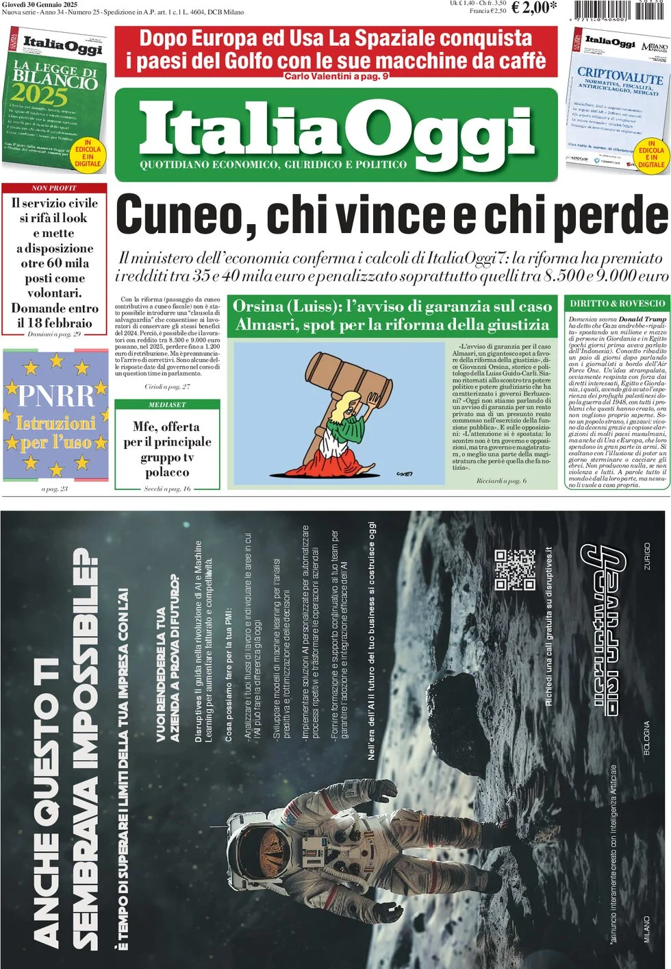 anteprima della prima pagina di italiaoggi del 30/01/2025