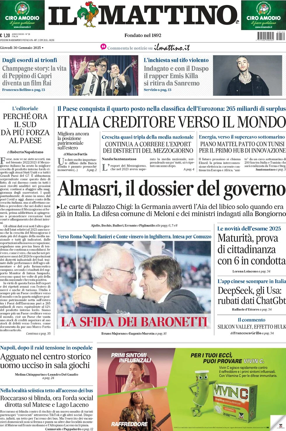 anteprima della prima pagina di il-mattino del 30/01/2025