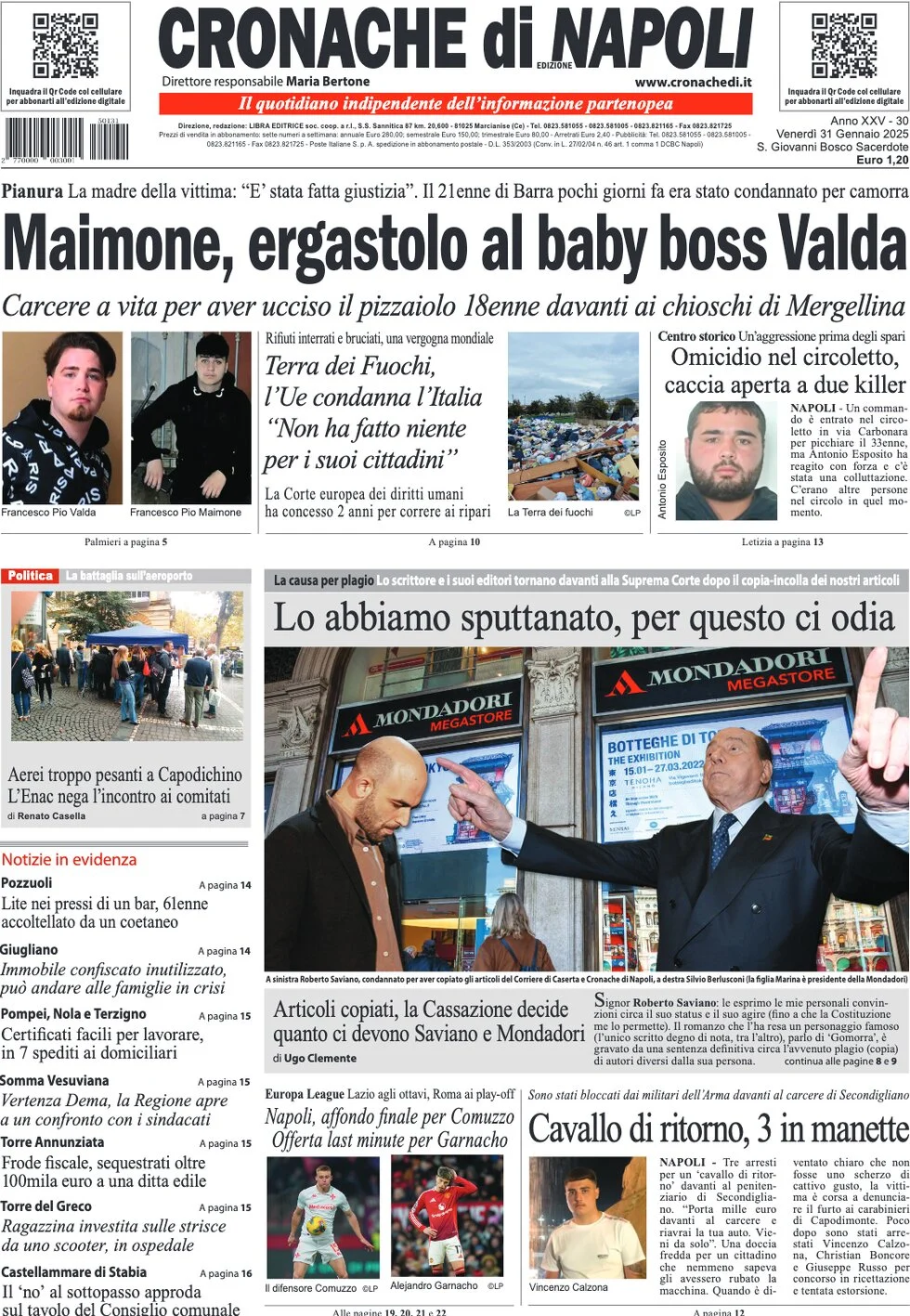 anteprima della prima pagina di cronache-di-napoli del 31/01/2025