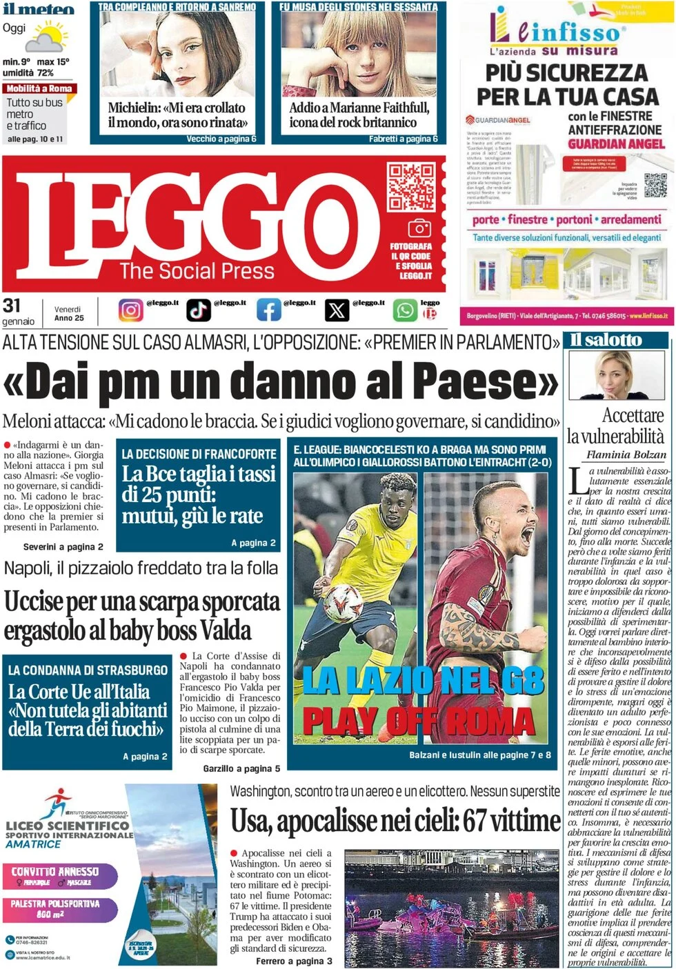 anteprima della prima pagina di leggo-roma del 31/01/2025