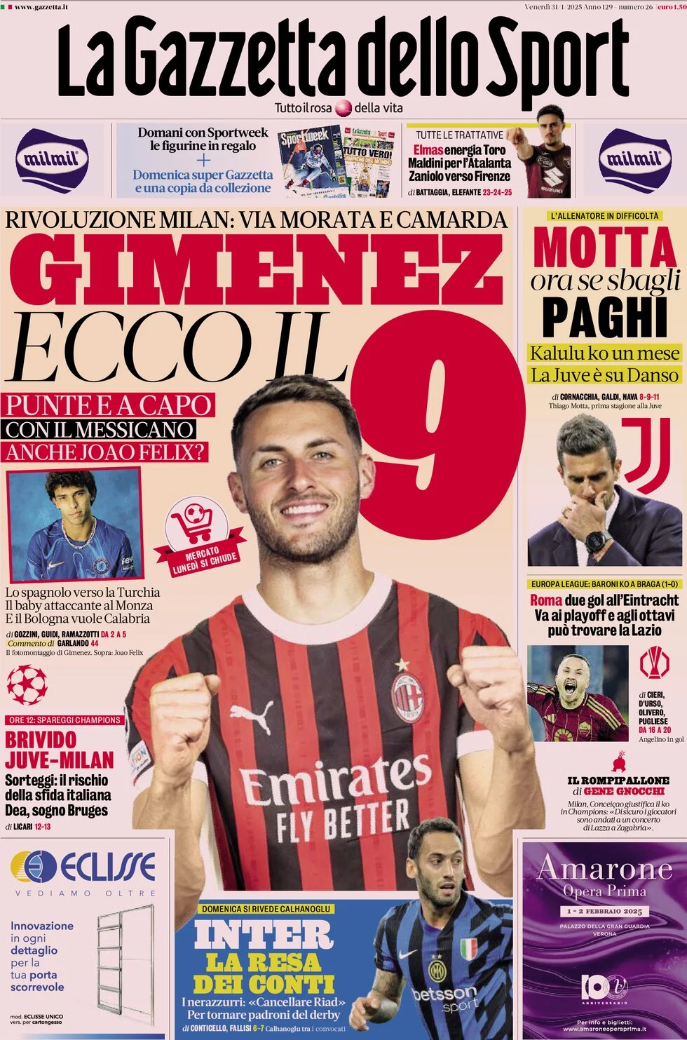 anteprima della prima pagina di la-gazzetta-dello-sport del 31/01/2025