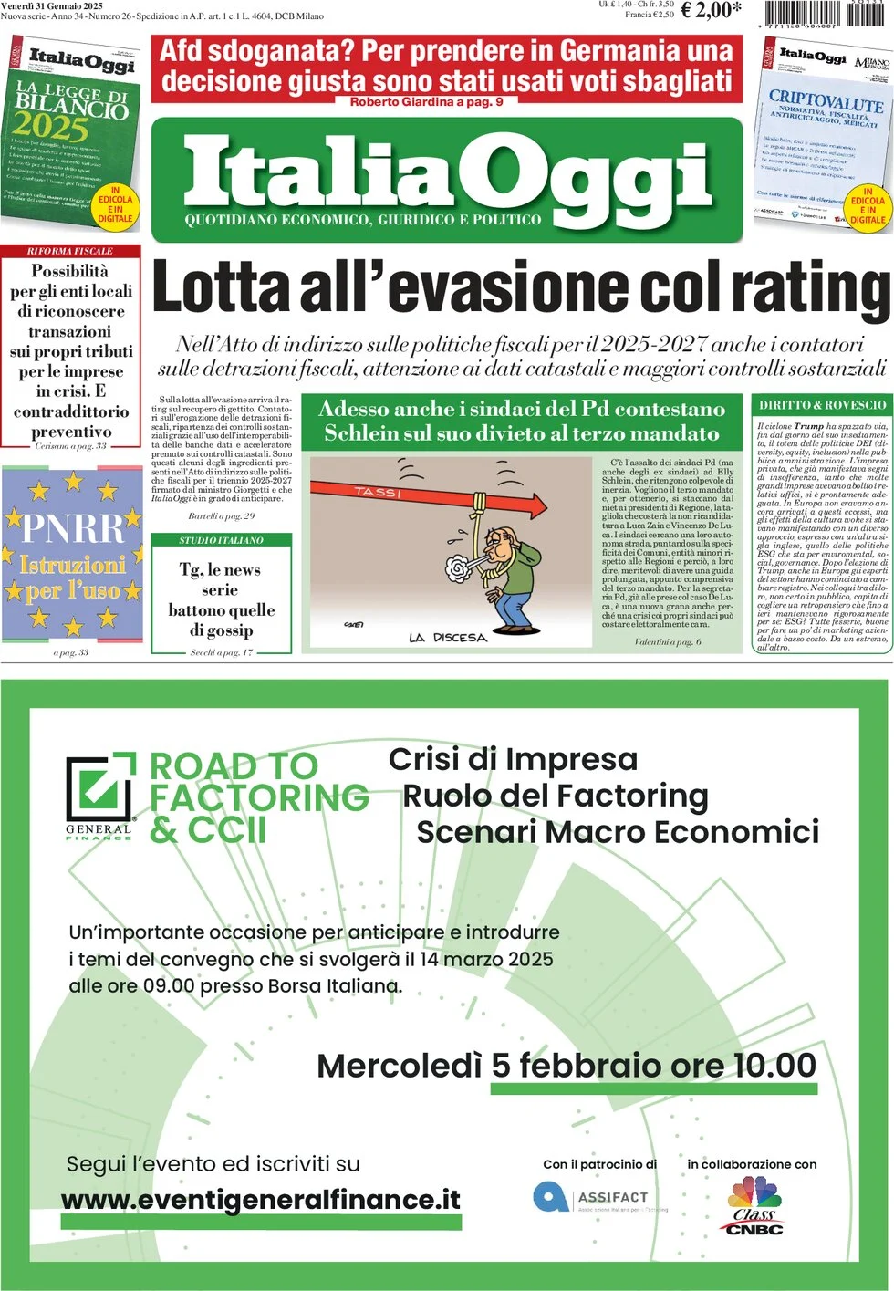 anteprima della prima pagina di italiaoggi del 31/01/2025