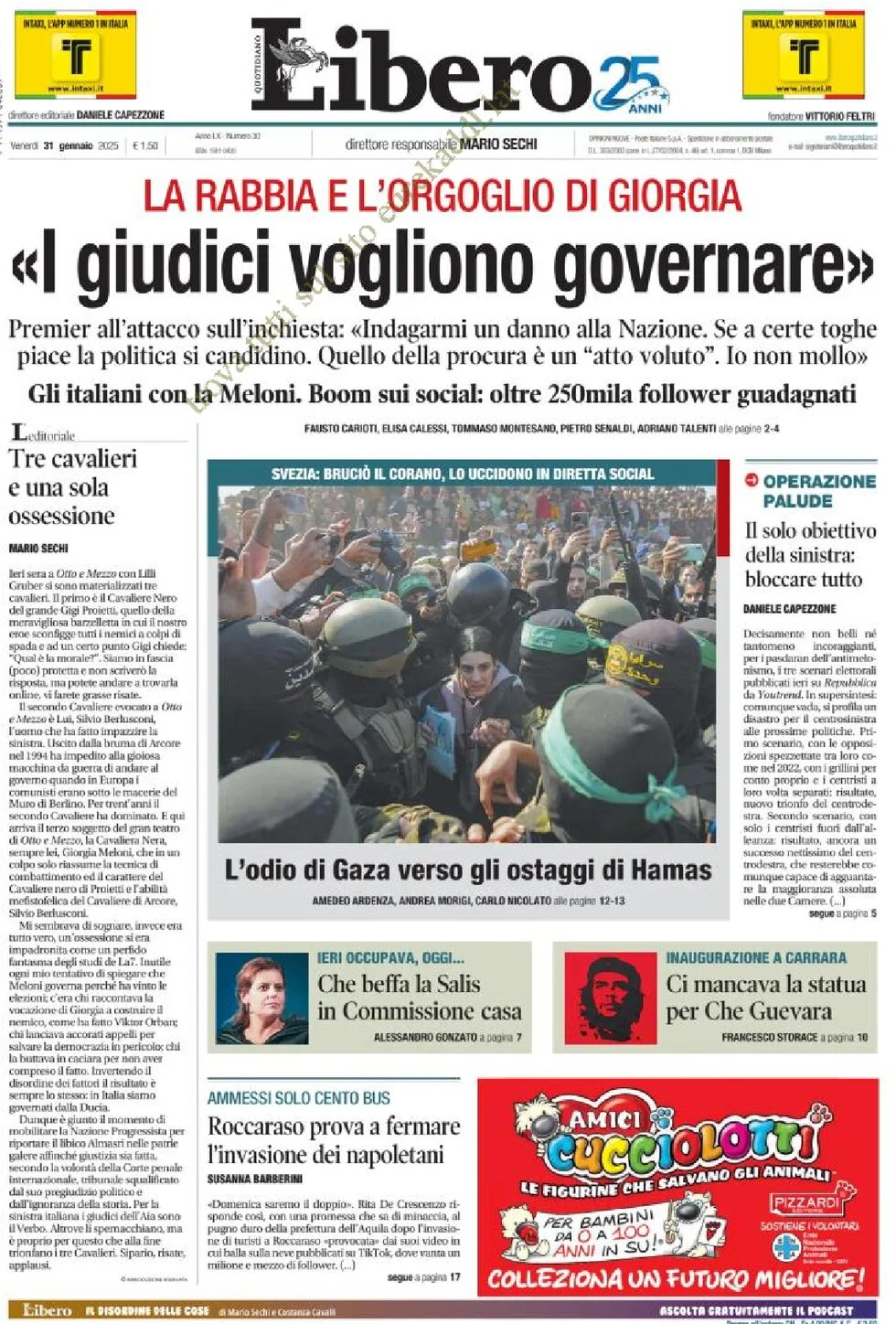 anteprima della prima pagina di libero-quotidiano del 31/01/2025
