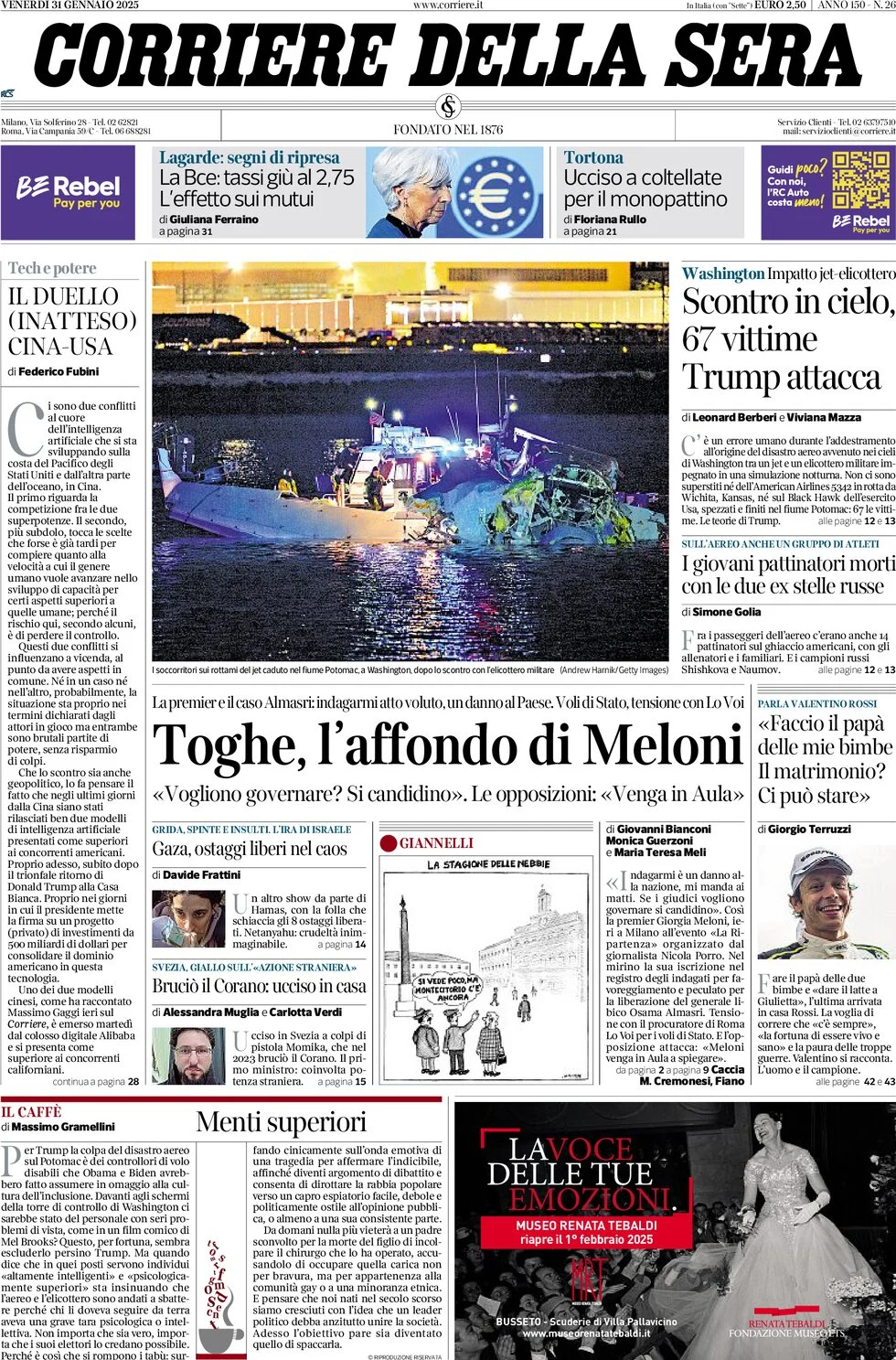 anteprima della prima pagina di corriere-della-sera del 31/01/2025