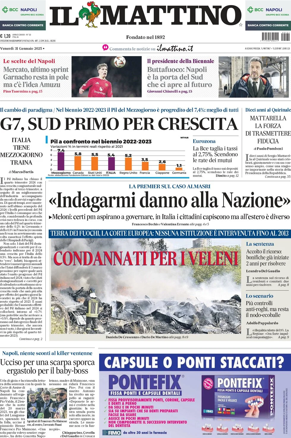 anteprima della prima pagina di il-mattino del 31/01/2025