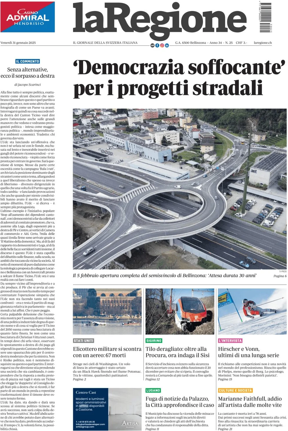 anteprima della prima pagina di la-regione del 31/01/2025