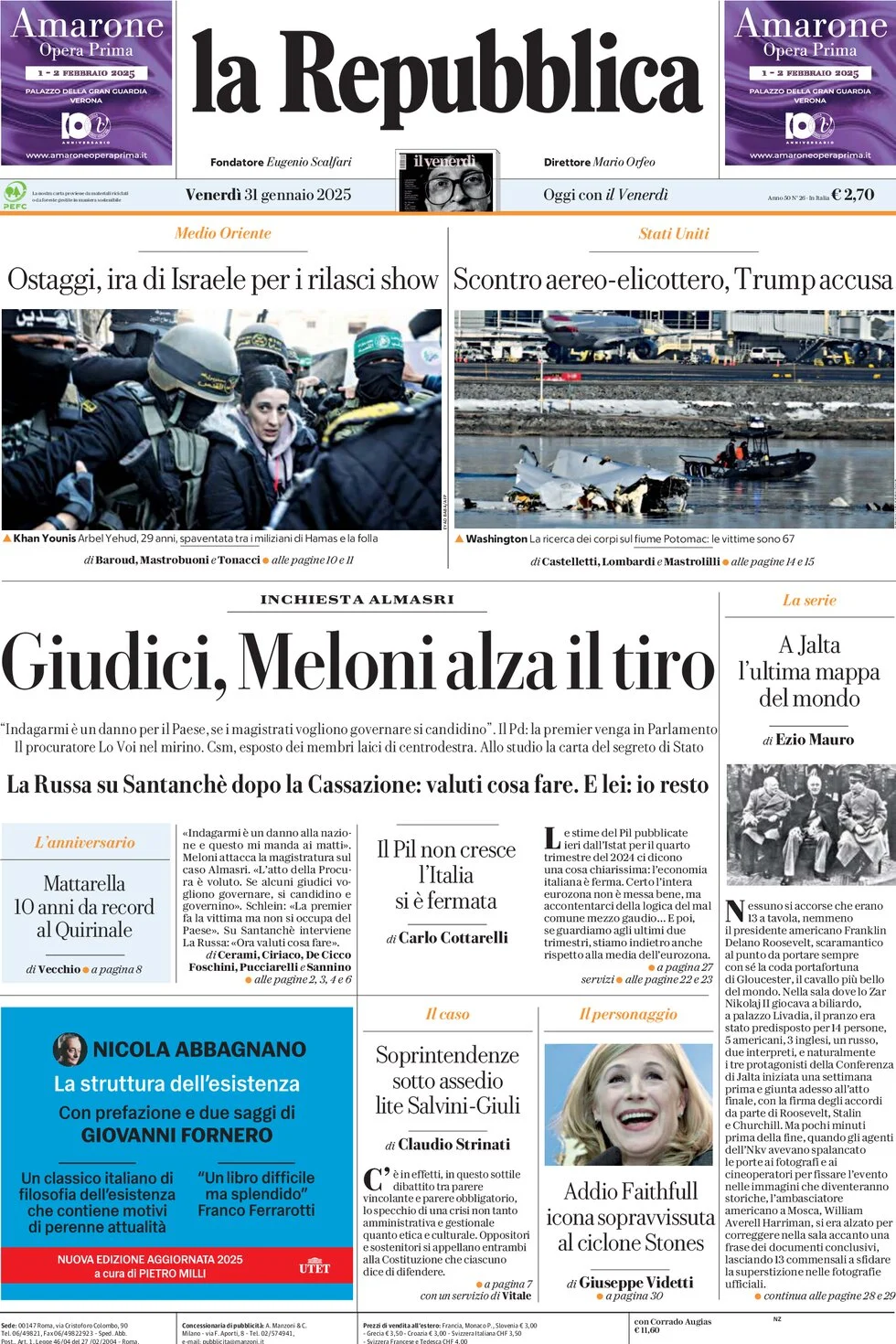 anteprima della prima pagina di la-repubblica del 31/01/2025