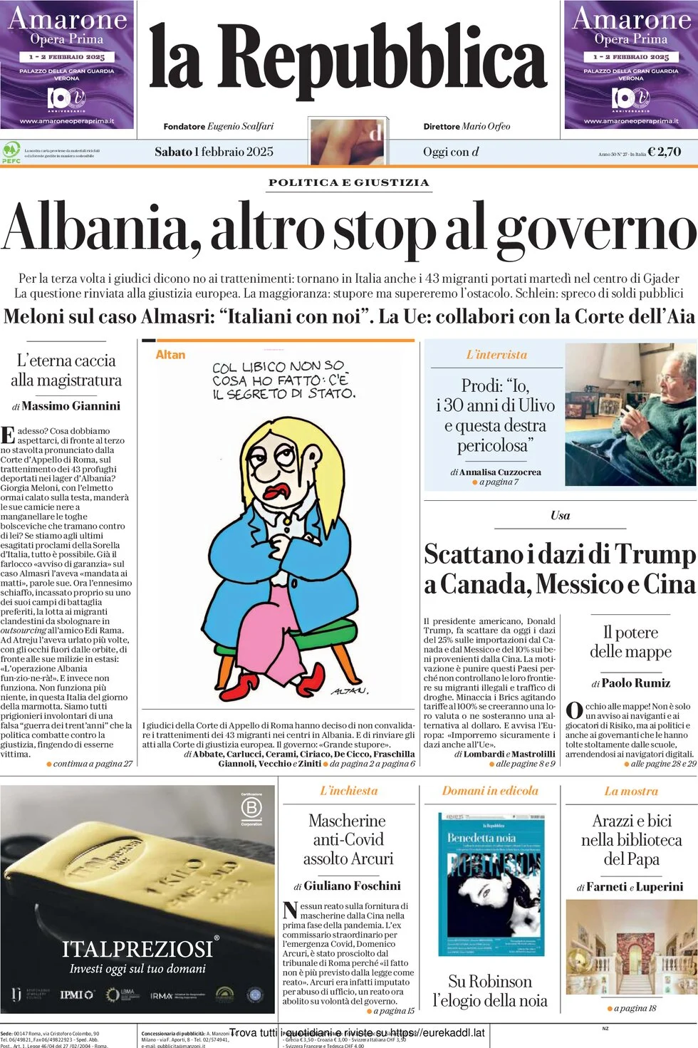anteprima della prima pagina di la-repubblica del 01/02/2025