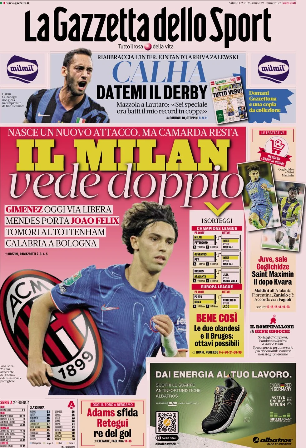 anteprima della prima pagina di la-gazzetta-dello-sport del 01/02/2025