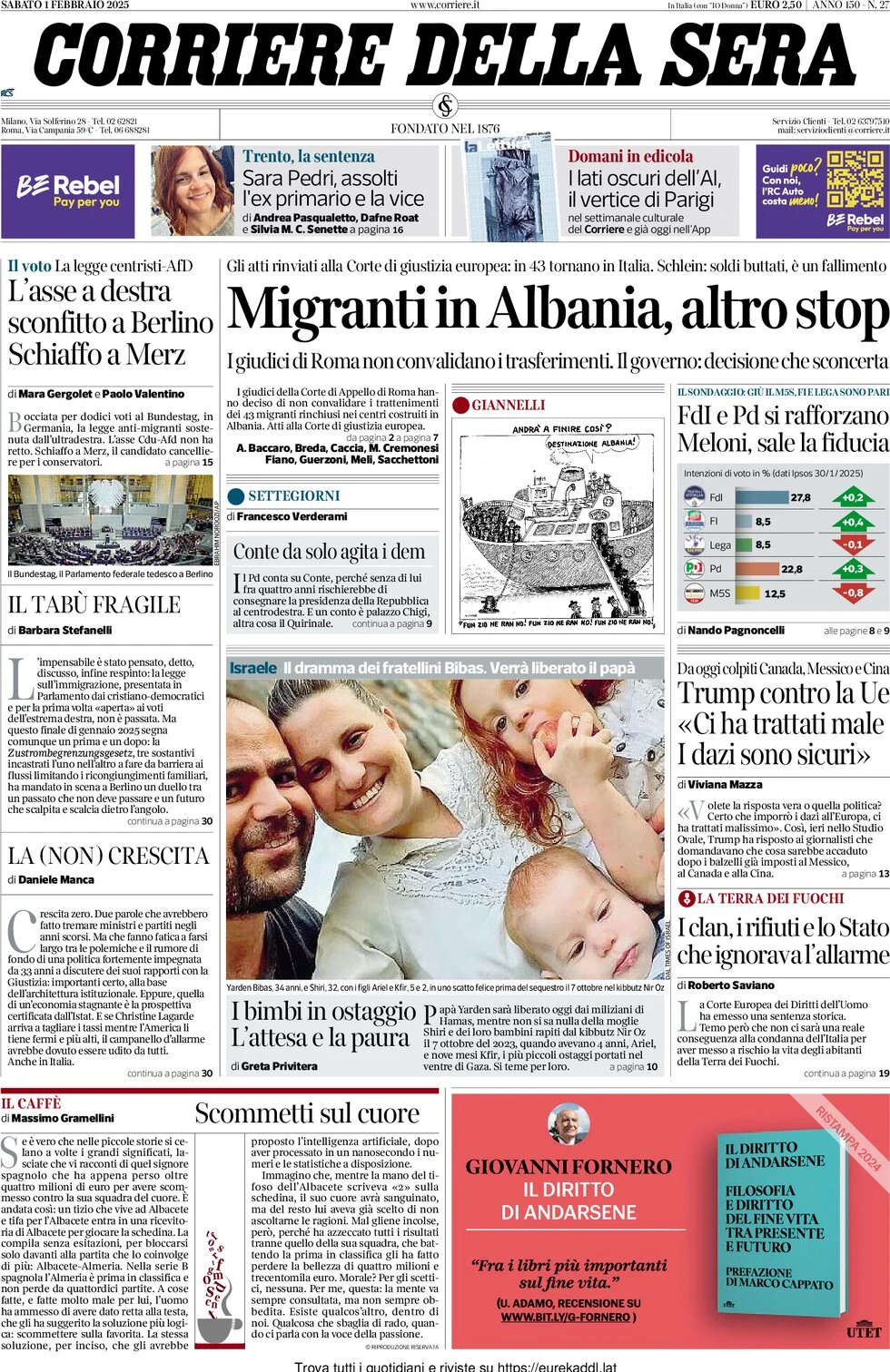 anteprima della prima pagina di corriere-della-sera del 01/02/2025