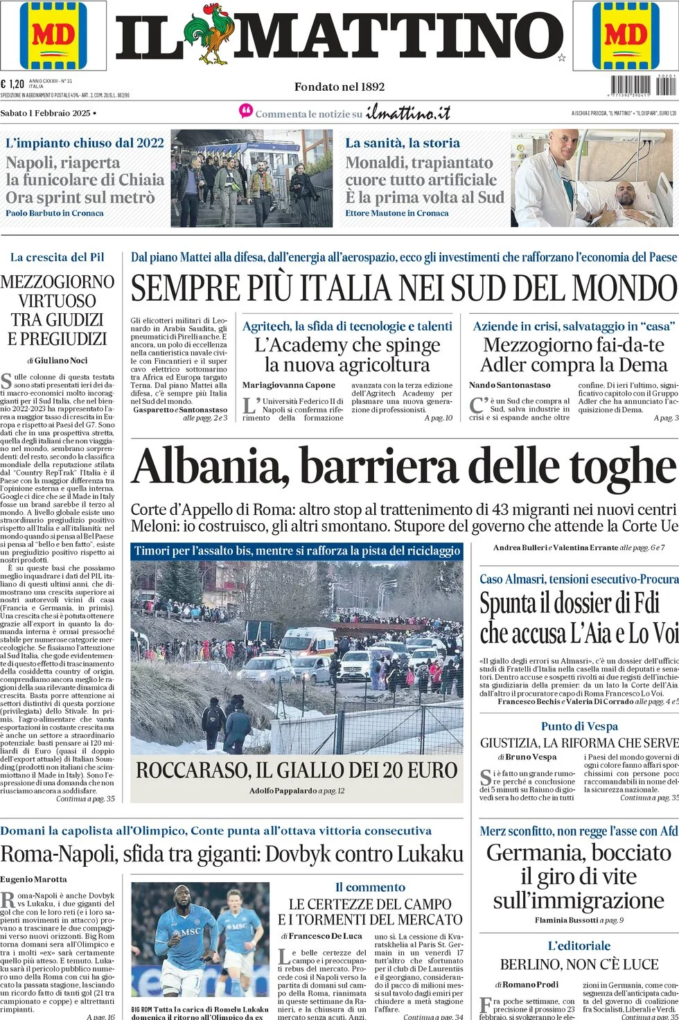 anteprima della prima pagina di il-mattino del 01/02/2025