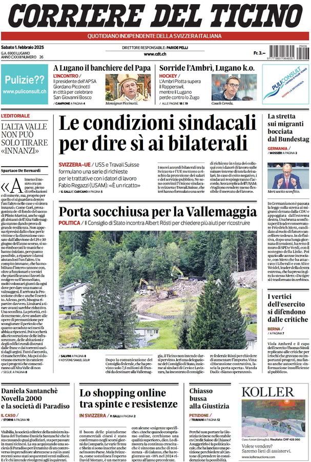 anteprima della prima pagina di corriere-del-ticino del 01/02/2025