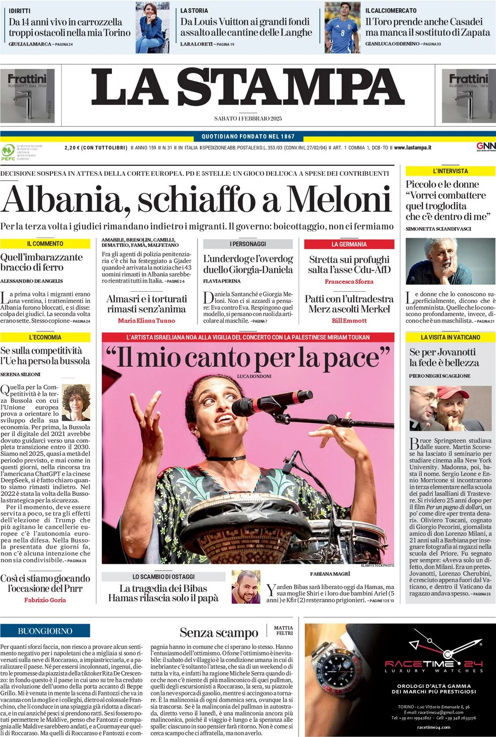 anteprima della prima pagina di la-stampa del 01/02/2025