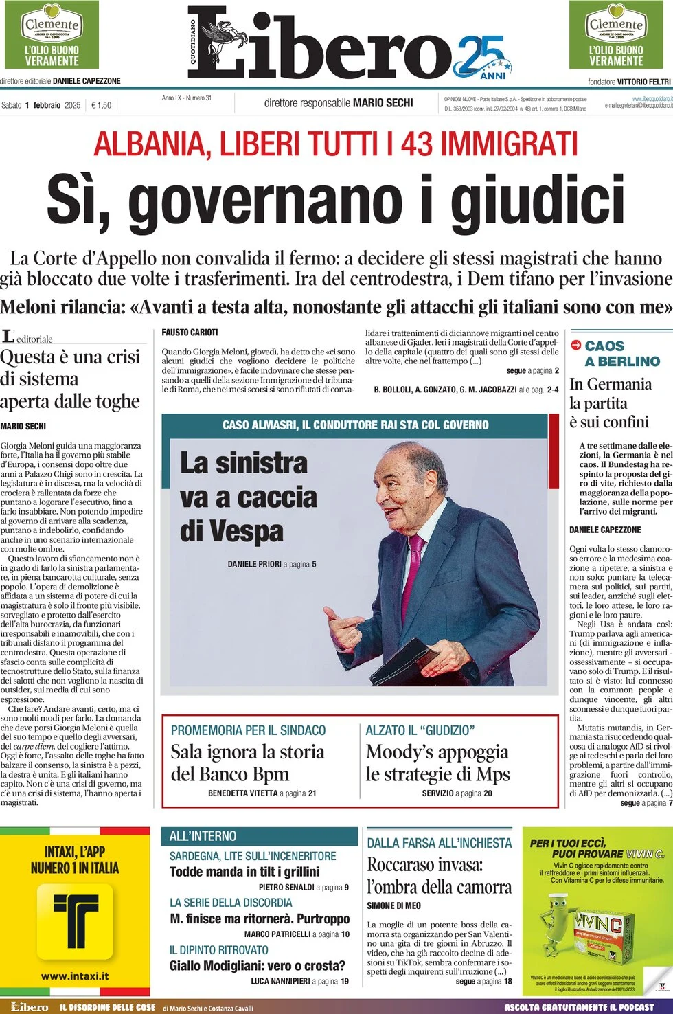 anteprima della prima pagina di libero-quotidiano del 01/02/2025