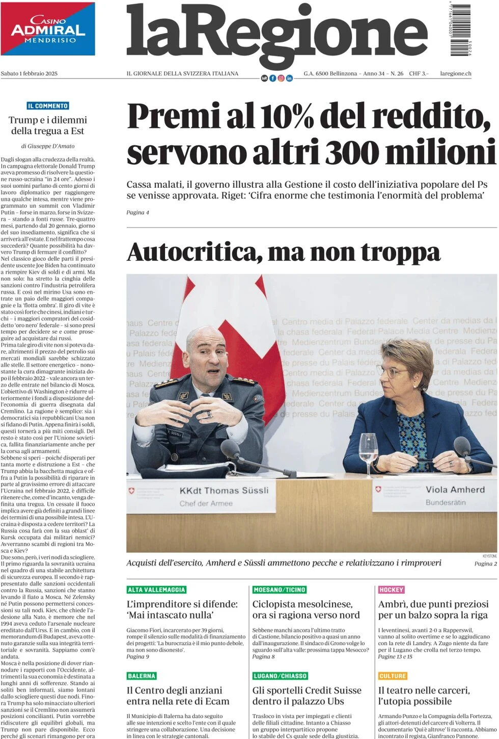 anteprima della prima pagina di la-regione del 01/02/2025