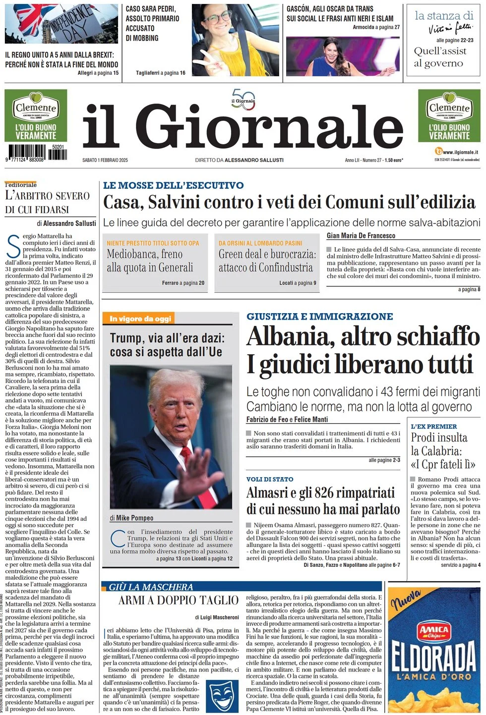 anteprima della prima pagina di il-giornale del 01/02/2025