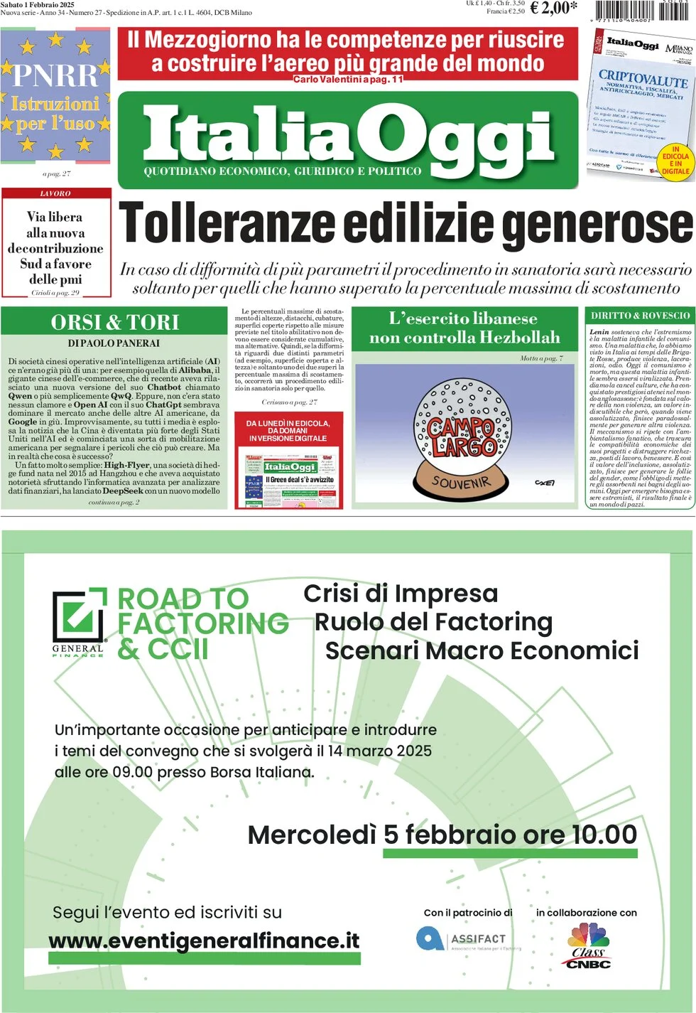 anteprima della prima pagina di italiaoggi del 01/02/2025