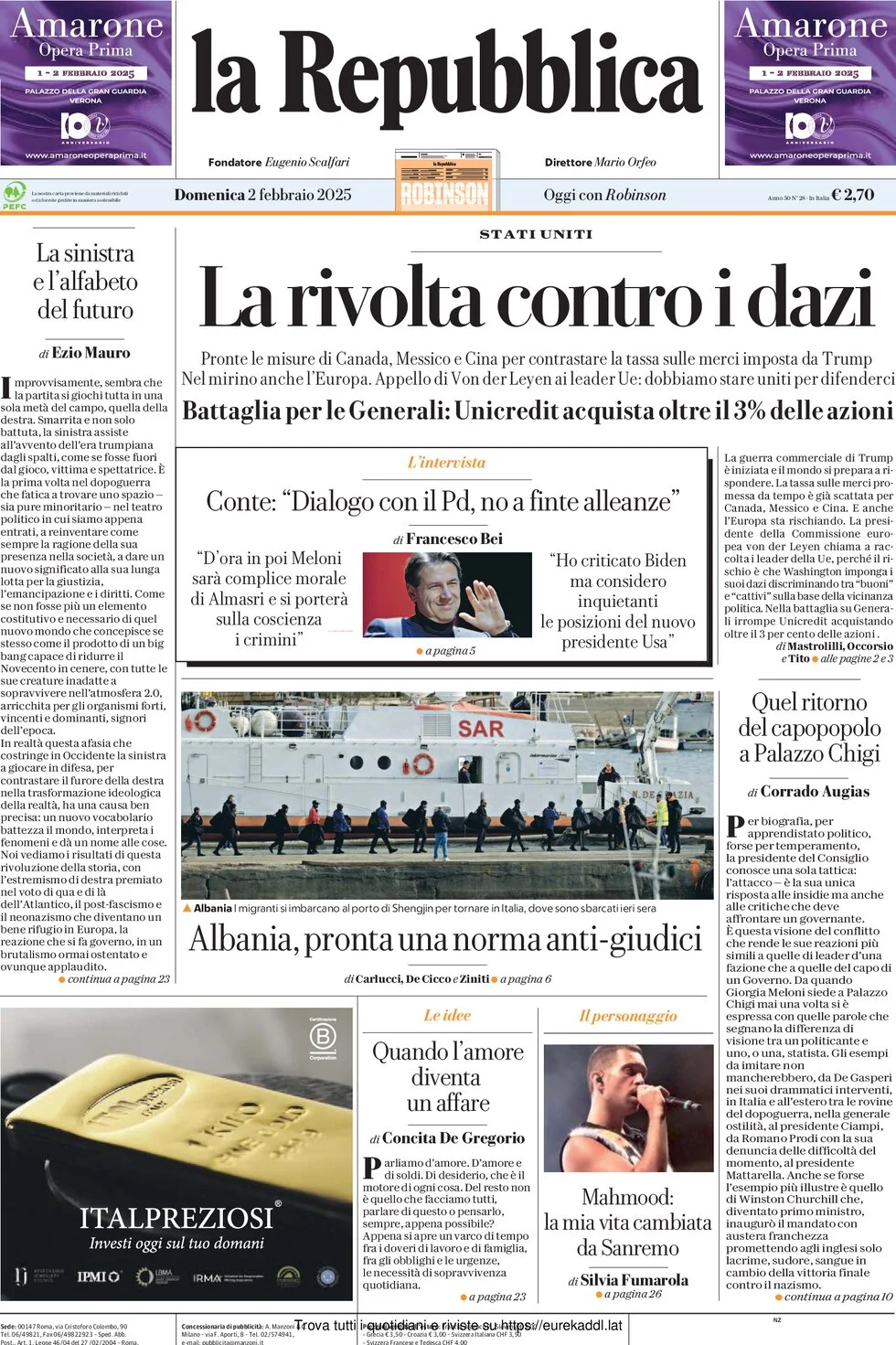 anteprima della prima pagina di la-repubblica del 02/02/2025