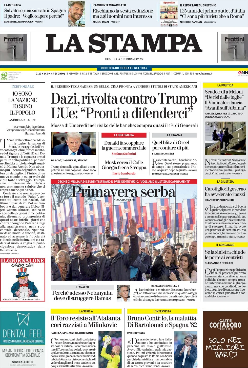anteprima della prima pagina di la-stampa del 02/02/2025