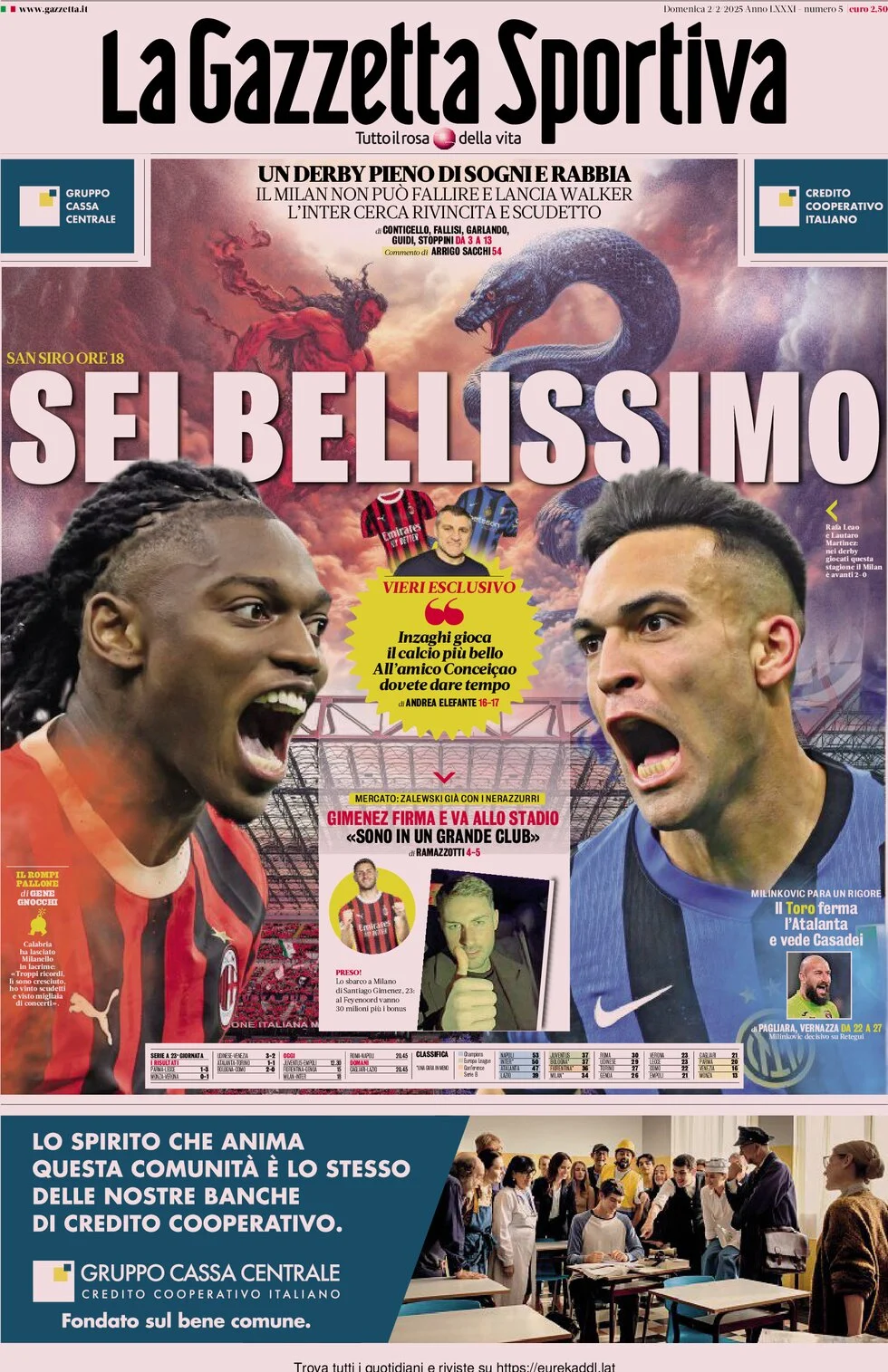 anteprima della prima pagina di la-gazzetta-dello-sport del 02/02/2025