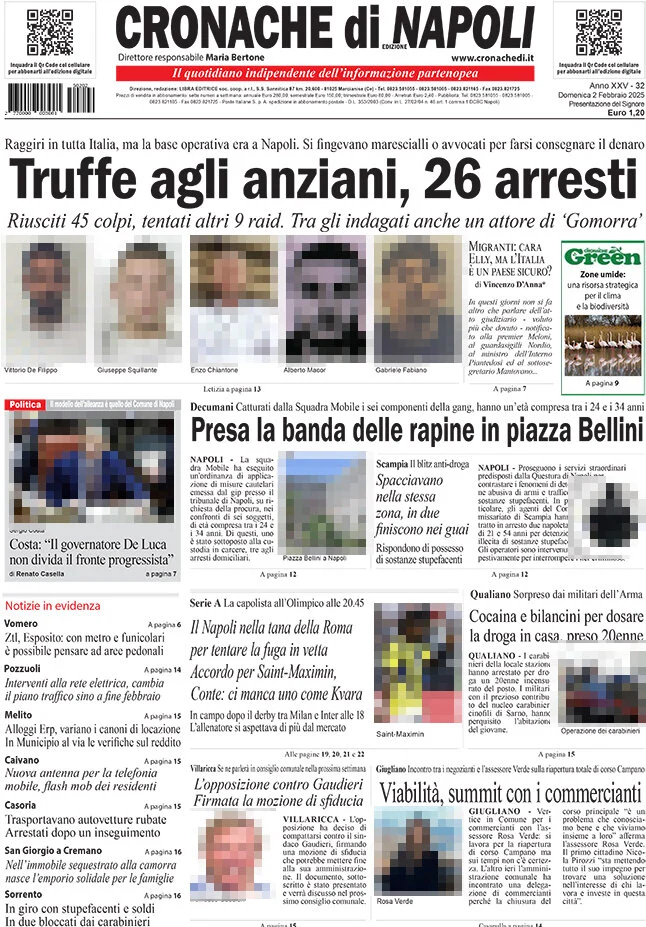 anteprima della prima pagina di cronache-di-napoli del 02/02/2025