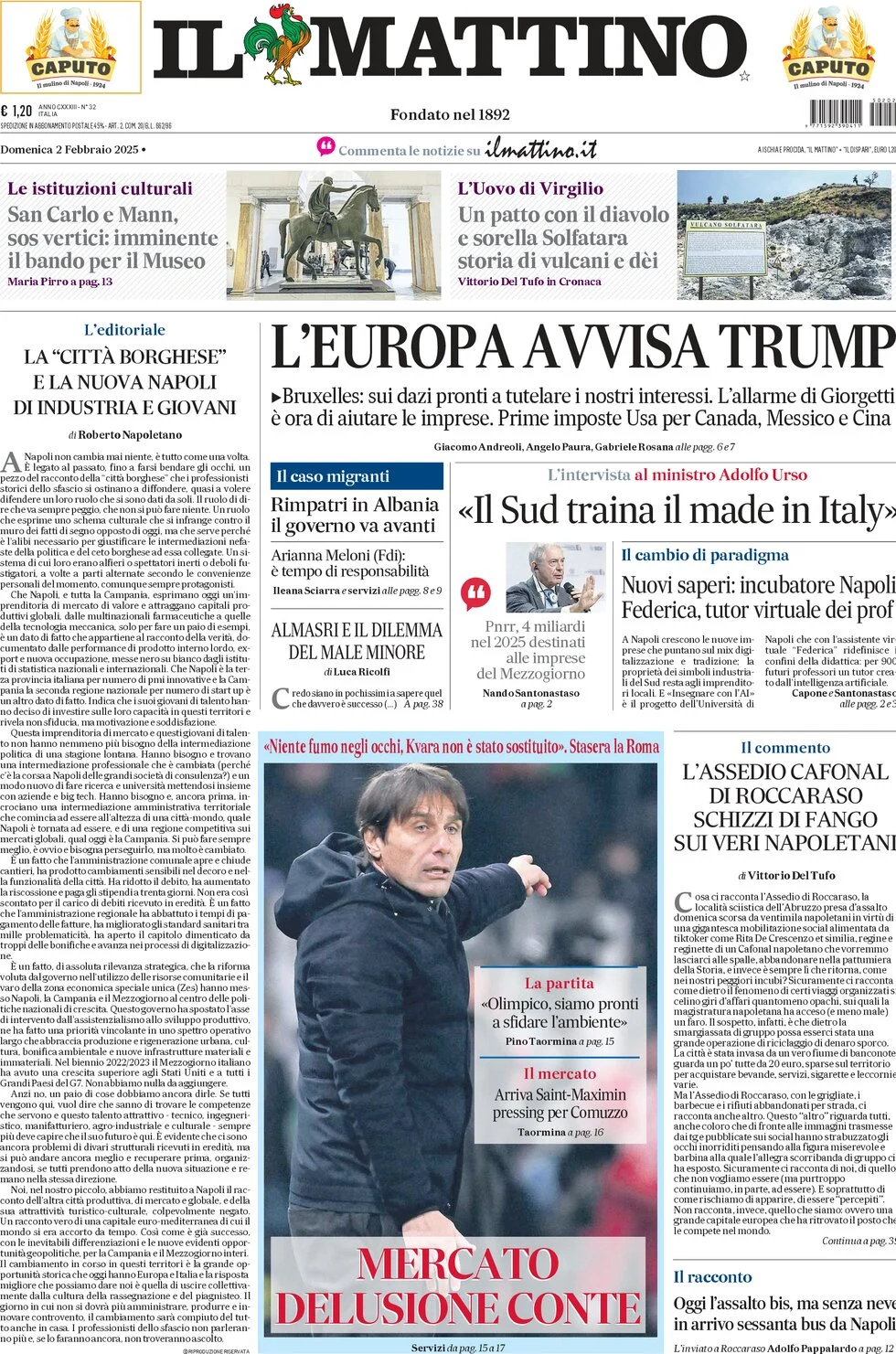 anteprima della prima pagina di il-mattino del 02/02/2025
