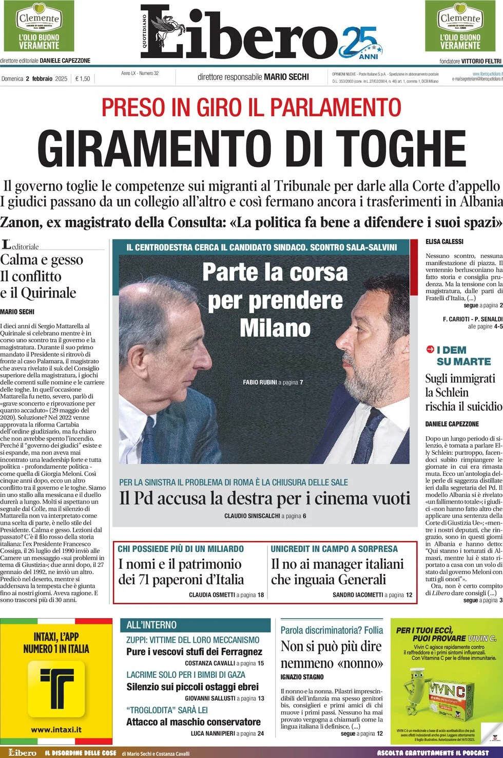 anteprima della prima pagina di libero-quotidiano del 02/02/2025