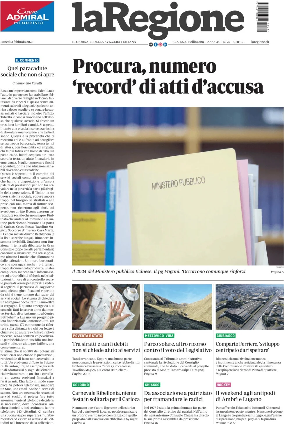 anteprima della prima pagina di la-regione del 03/02/2025